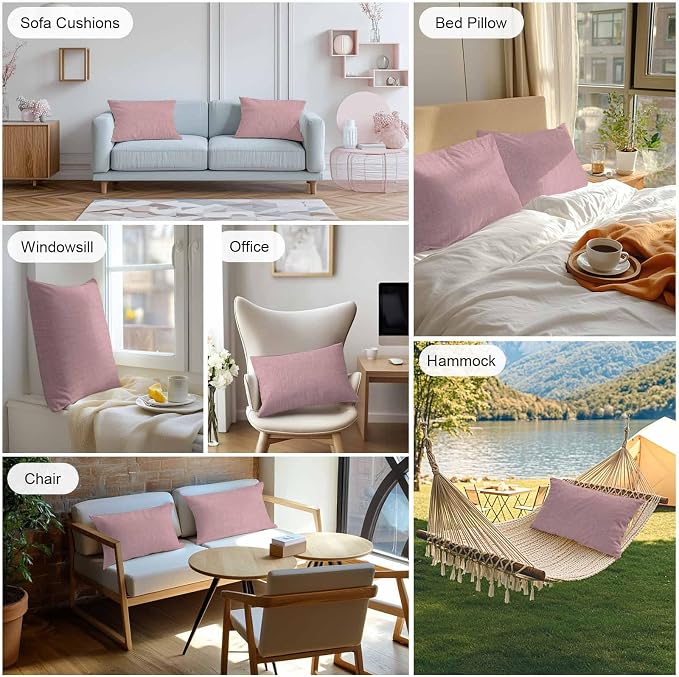 Vandarllin Outdoor Throw Pillows Covers 20x12 inch Set of 2 Waterproof Pink Linen Decorative Zippered Cushion Covers for Patio Furniture, Farmhouse Pure Color Lumbar Pillowcases