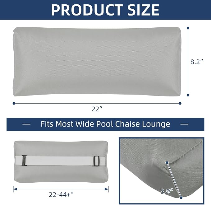 Large Headrest Pillow for Pool Chaise Lounge, 2 Pcs Gray Pool Lounge Pillows Outdoor with Elastic Band for Recliner and Pool Patio Chairs, Head Neck Support Pillow
