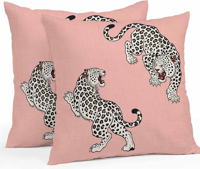 Yukro Pink Leopard Outdoor Waterproof Pillow Covers Pack of 2, Modern Style Wild Animal Rustic Linen Texture Throw Pillowcases Decorative Cushion Covers for Garden Patio Tent Sofa Couch, 16x16 inch