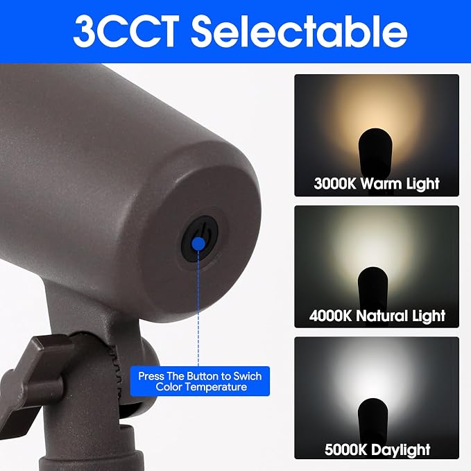 3CCT LED Landscape Lights with Connectors, 12V Low Voltage, 3000K/4000K/5000K Selectable, 3W, 200LM, Outdoor Waterproof Garden Pathway Lights Wall Tree Flag Spotlights with Spike Stand, 8 Pack