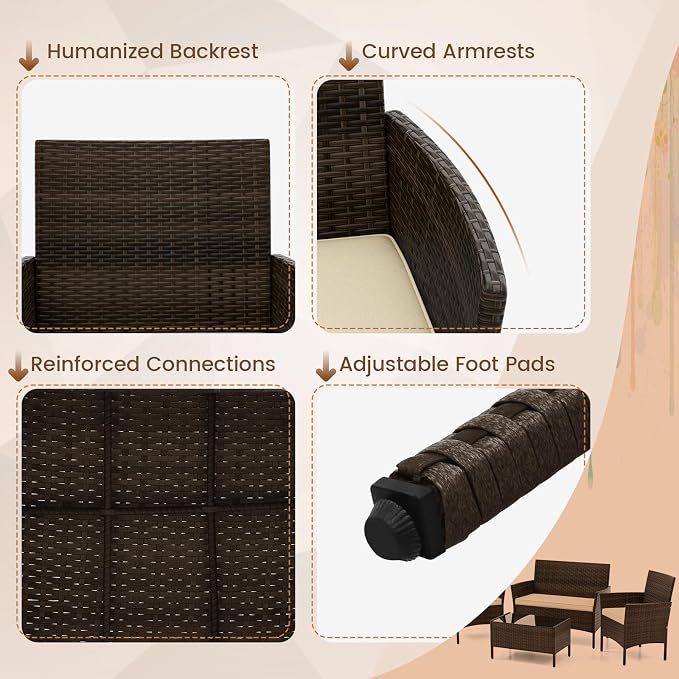 HAPPYGRILL 8 Pieces Outdoor Rattan Conversation Set, Patio Wicker Furniture Set with Loveseat Chairs & Tempered Glass Coffee Table, Outside Sectional Sofa Set for Backyard, Garden & Poolside