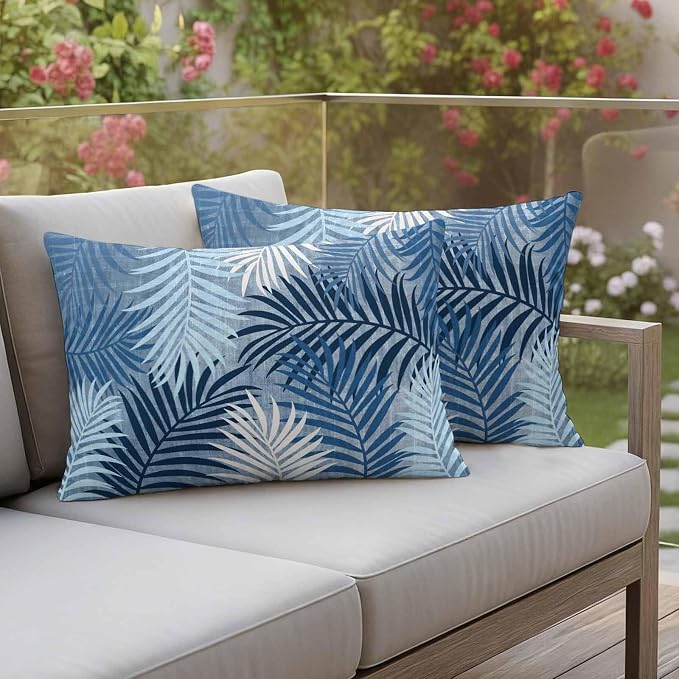 Outdoor Waterproof Throw Pillow Covers, Navy Blue Palm Leaves Decorative Pillow Cases, Summer Botanical Tropical Leaf Couch Pillow Protector Patio Sofa Cushion Covers Replacement 20"x12" 2 Pack