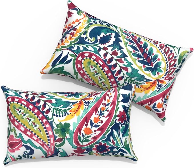 Outdoor Lumbar Pillows 12x20 inch, Rectangle Throw Pillows with Inserts, Decorative Lumbar Cushions for Patio Furniture Garden Couch Home Sofa Office Chair, Pack of 2, Vigour Paisley