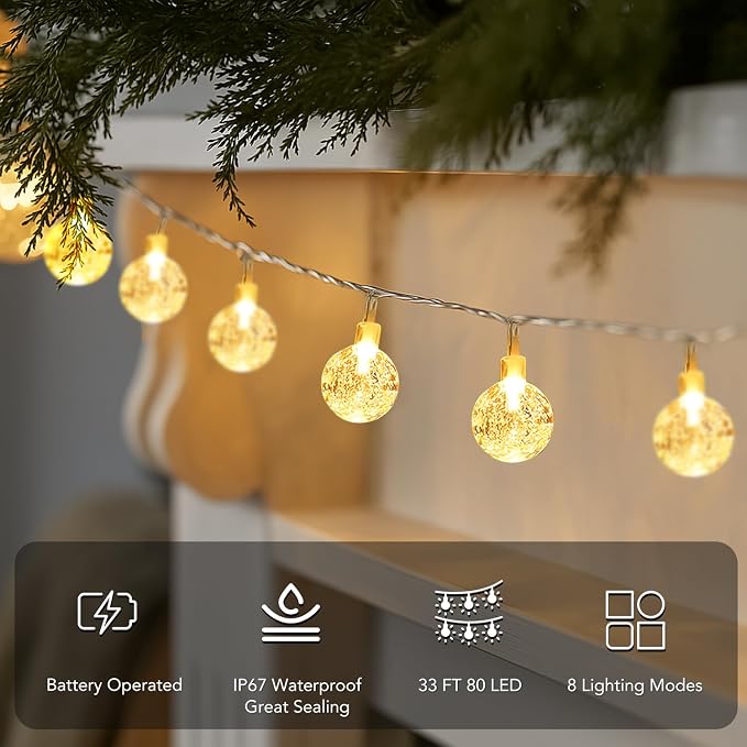 Metaku Globe String Lights Battery Operated Fairy Light 33ft 80LED & Remote | Waterproof Indoor Outdoor Hanging String Lights Decorative Christmas Lights for Home Party Patio Garden Classroom Wedding