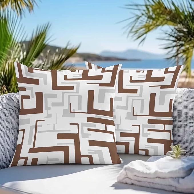 Vandarllin Outdoor Throw Pillows Covers 16x16 inch Set of 2 Waterproof Brown Geometric Stripes Decorative Zippered Cushion Covers for Patio Furniture, Modern Abstract Lines Lumbar Pillowcases