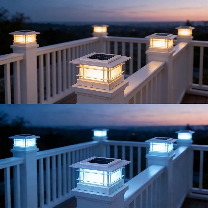 Dynaming 4x4 Solar Post Cap Lights Outdoor with 2 Color Mode, 6 Pack Fence Post Solar Lights White Shell Fit for 4x4 Vinyl/Wooden Posts, High Brightness LED Lighting Decor for Garden Deck Patio