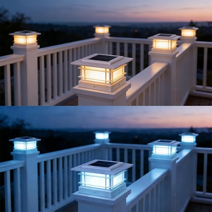 Dynaming 4x4 Solar Post Cap Lights Outdoor with 2 Color Modes, Fence Post Solar Lights White Shell Fit for Vinyl/Wooden Posts, High Brightness SMD LED Lighting Decor for Garden Deck Patio, 2 Pack