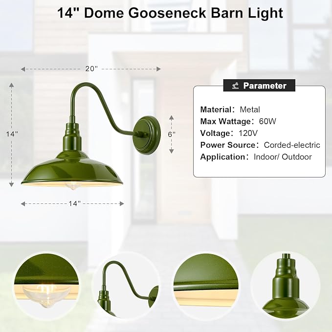 14 Inch Dome Outdoor Gooseneck Barn Lights Olive Green Farmhouse Exterior Wall Lights for Porch, 2Pack Patio Barn Style Wall Mount Gooseneck Lighting for House, Garage