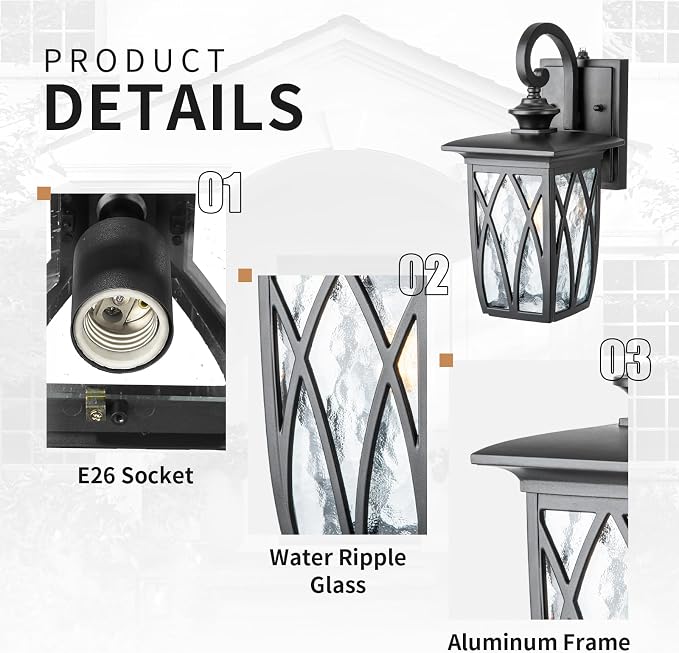 JYZ Dusk to Dawn Outdoor Wall Lantern, Craftsman Style Exterior Sconce Light with Water Ripple Glass, Traditional Porch Light Fixture Wall Mount Lamp for Front Porch Doorway Garage Patio Garden 14''
