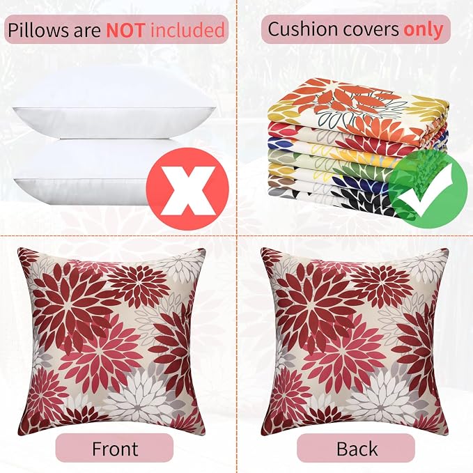 Set of 2 Dahlia Throw Pillow Covers Outdoor Pillows Waterproof 20x20 Inch Red and Pink Decorative Square Pillowcases With Invisible Zipper for Living Room Patio Garden FarmhouseTent Couch Bench