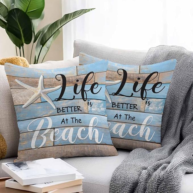 Summer Outdoor Pillow Covers Set of 2,Ocean Life Texts Starfish Decorative Waterproof Throw Pillow Case,Retro Blue Wood Plank Cushion Pillowcases for Couch Garden Patio Beach,20x20In
