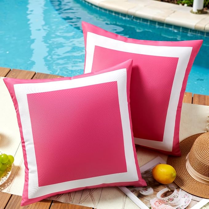 JOJOGOGO 18x18 Hot Pink Outdoor Throw Pillow Covers Waterproof & Sunproof Set of 2, White and Pink Outdoor Decorative Throw Pillows for Patio Furniture and Porch Decor(Without Inserts)