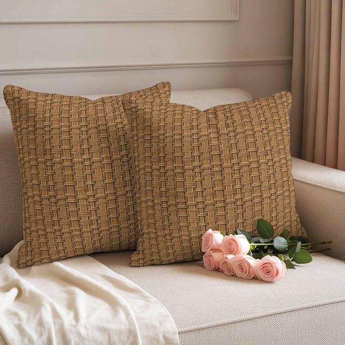 Vintage Rattan Waterproof Outdoor Pillow Covers 16''x16'' Set of 2, Minimalist Abstract Wicker Texture Brown Patio Furniture Cushion Covers for Chairs, Decorative Pillow Cases for Garden/Pool/Beach