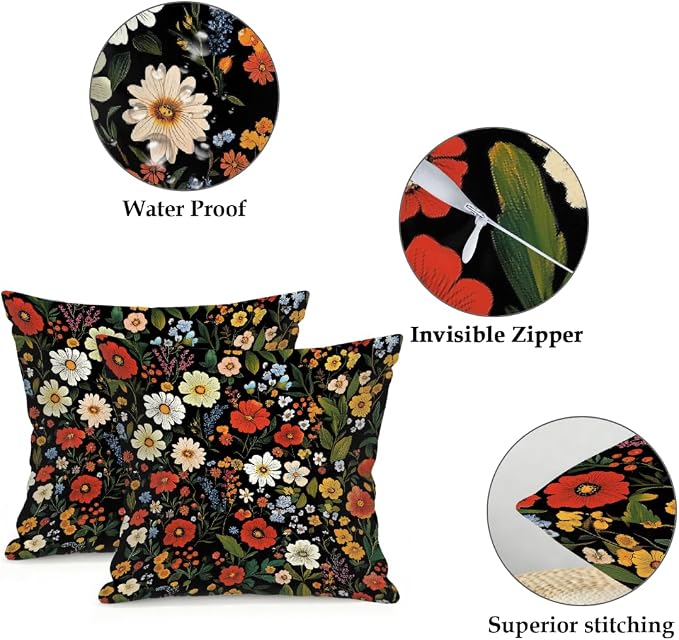16x16 Inch Outdoor Pillow Covers Set of 2 Waterproof Throw Pillow Covers Decorative Couch Cushion Covers Boho Wild Flowers Plant Square Pillowcases Protectors for Patio Garden Sofa