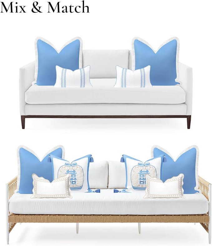 Hofdeco Premium Coastal Hampton Patio Indoor Outdoor Throw Pillow Cover Only, 22"x22" Water Repellent for Backyard, Couch, Poolside, Azure Blue Print Solid
