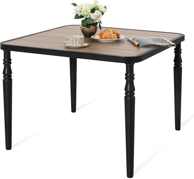 NUU GARDEN Outdoor 37” Square Metal Dining Table, Patio Dining Table with Umbrella Hole, Powder-Coated Metal Table with Faux Wood Tabletop, for Patio, Garden, Backyard and Balcony, Black