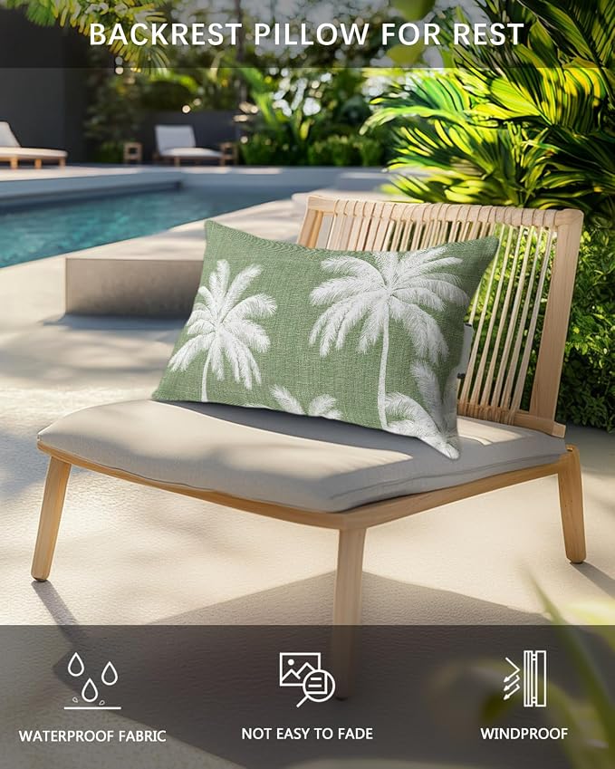 Pack of 2 Outdoor Lumbar Pillow Covers 12x20 Inch, Dark Sage Green Palm Trees Waterproof Throw Pillow Covers Set, Tropical Summer Beach Indoor&Outdoor Decorative Cushion Cases for Patio Porch Car