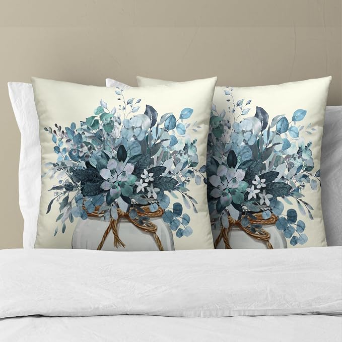 Eucalyptus Throw Pillow Covers 18x18 Set of 2, Rustic Winter Blue Leaves Greenery Vase Farmhouse Decorative Pillow Cases Cotton Cushion Cover for Home Sofa Couch Decor