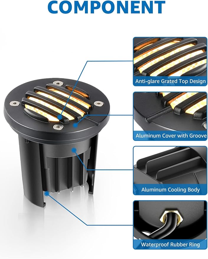 SUNVIE 6-Pack 12W 3000K LED Low Voltage Landscape Well Lights, Grated Top | 12-24V AC/DC, Waterproof, Anti-Glare, Die-Cast Aluminum In-Ground Lights for Pathway Garden Yard, Connectors Included