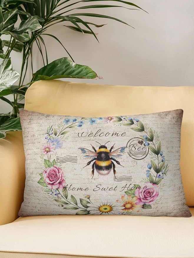 Outdoor Waterproof Throw Pillows Farmhouse Flower Leaf Wreath Patio Pillows,Decorative Pillow Covers with Insert,Pillow Cushion Case for Garden Couch Sofa Rustic Bee Retro Letter