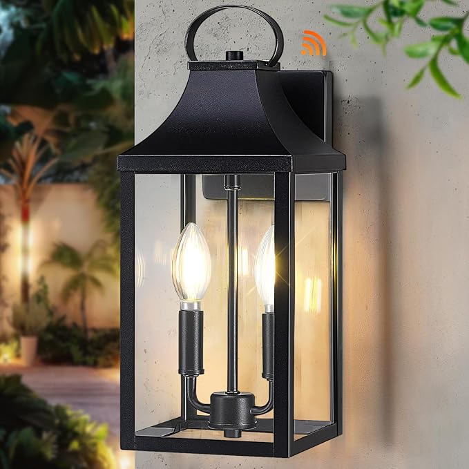 15" Dusk to Dawn Black Outdoor Wall Lantern with E12 Socket, 1 Pack | Outside Modern Wall Sconce Light Fixture, Porch Light Wall Mount, Waterproof Exterior Lamp Lighting for Patio Garage