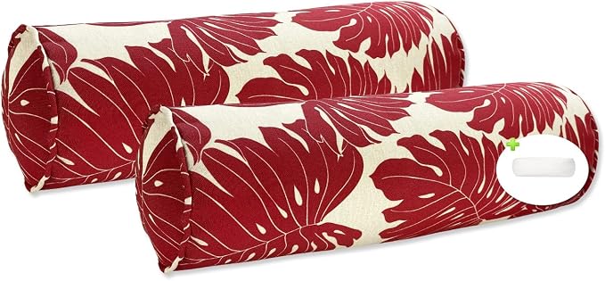 Pack of 2 Outdoor Waterproof Decorative Bolster Pillows with Inserts for Patio Furniture, 20x6 Inch Fade Resistant Patio Garden Bolster Cushions for Couch Bed Sofa, Leaves Red