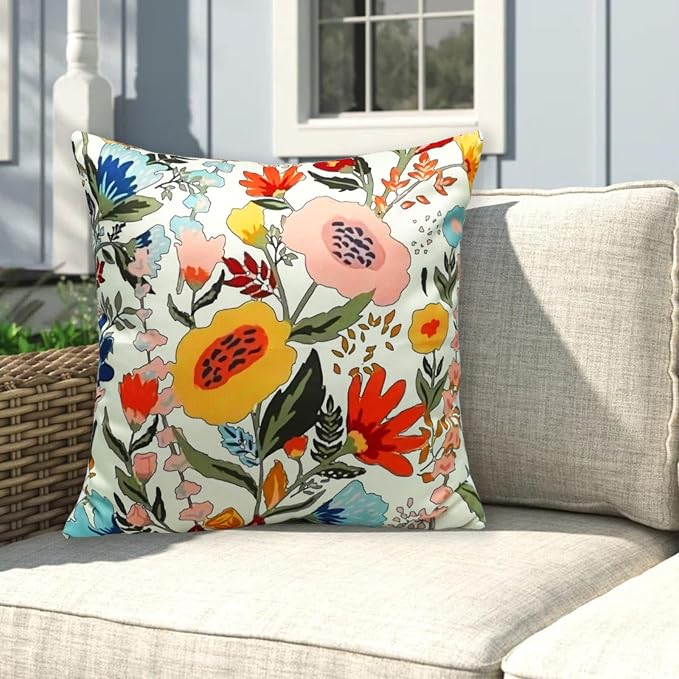 Floral Outdoor Throw Pillow Covers 18x18 Waterproof Colorful Summer Spring Garden Decorative Square Patio Pillows Outdoor Pillows Covers for Patio Furniture Set of 2 (No Pillow Insert)
