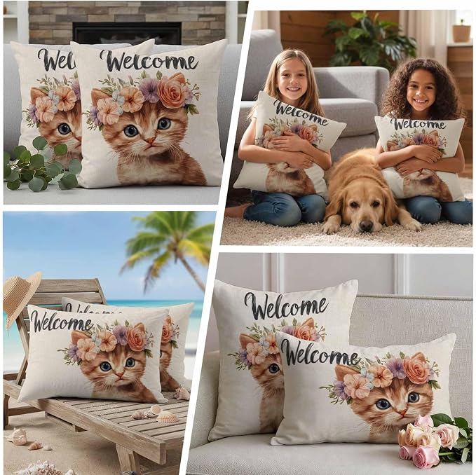 Cute Cat Outdoor Waterproof Throw Pillow Covers Set of 2, 20"x20", Garland Welcome Retro Decorative Pillow Covers Outside Cushion Case for Patio Porch Garden