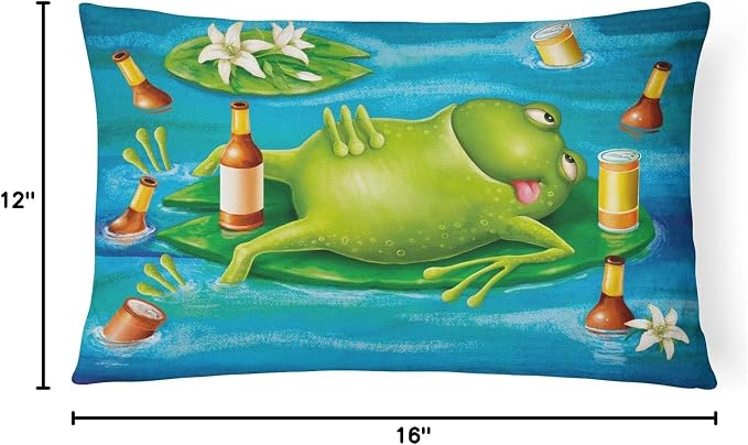 Caroline's Treasures APH0093PW1216 Frog Drinking Beer Canvas Fabric Decorative Pillow Machine Washable, Indoor Outdoor Decorative Pillow for Couch, Bed or Patio, 12HX16W