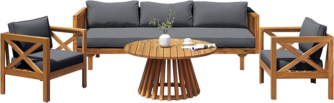 Merax Outdoor 4-Piece Acacia Wood Conversation Set - Patio 3-Seat Loveseat Sofa Daybed with Cushion, 2 Armchair and Round Coffee Table for Backyard, Lawn, Balcony, Teak+Dark Gray