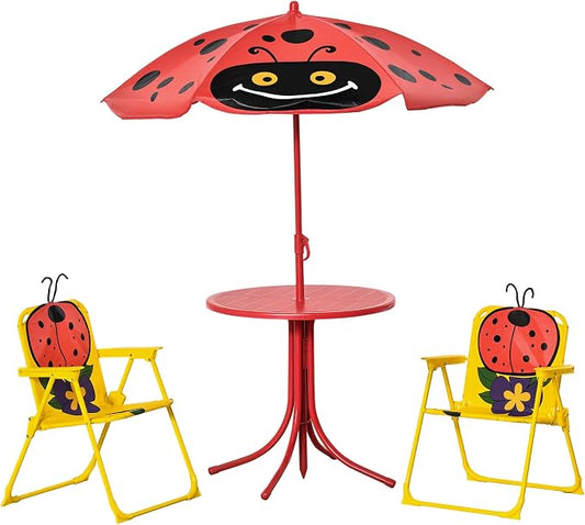 Outsunny Kids Table and Chair Set, Outdoor Folding Garden Furniture, Picnic Table for Patio Backyard, with Removable & Height Adjustable Sun Umbrella, Red