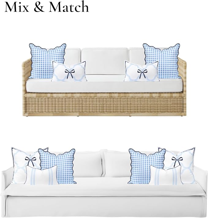 Hofdeco Premium Coastal Hampton Scalloped Patio Indoor Outdoor Throw Pillow Cover Only, 20"x20" Water Repellent for Backyard, Couch, Poolside, Azure Blue Navy Print Gingham