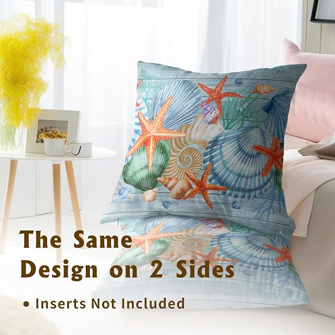 Nautical Coastal Starfish Throw Pillow Covers 20x20 Set of 2, Summer Ocean Beach Coral Wood Decorative Pillow Cases Cotton Cushion Cover for Home Sofa Couch Wedding Anniversary Decor