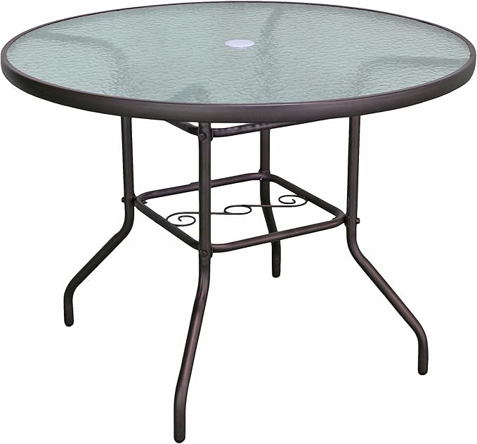 Garden Elements Outdoor Patio Furniture, Round Dining Table, Steel Base and Rim with Water-Wave Glass Top, Brown, 40"