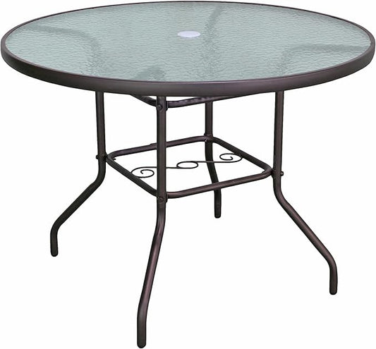 Garden Elements Outdoor Patio Furniture, Round Dining Table, Steel Base and Rim with Water-Wave Glass Top, Brown, 40"