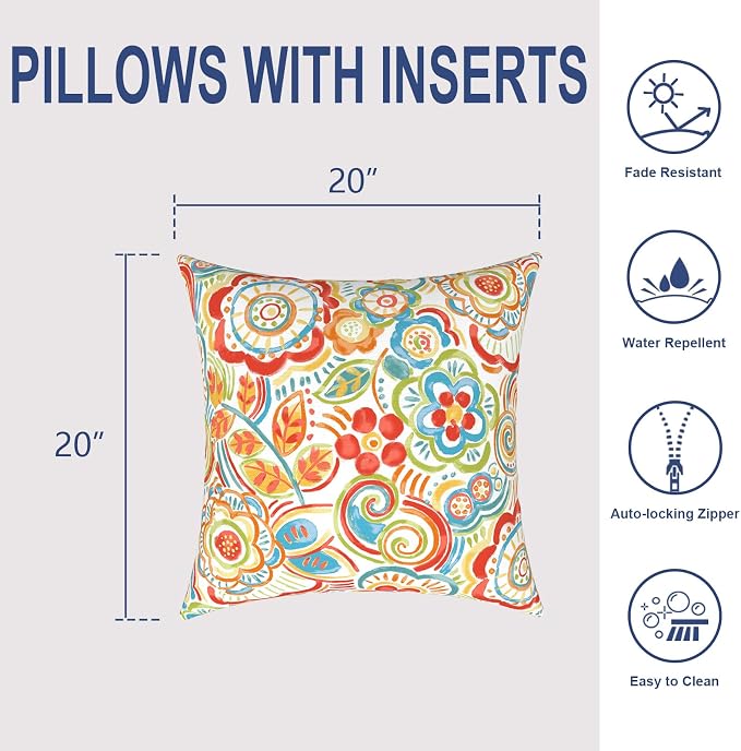 Outdoor Throw Pillows with Inners 20x20 Inch, Square Pillows Decorative for Home Garden Furniture Set of 2, Flower Multi