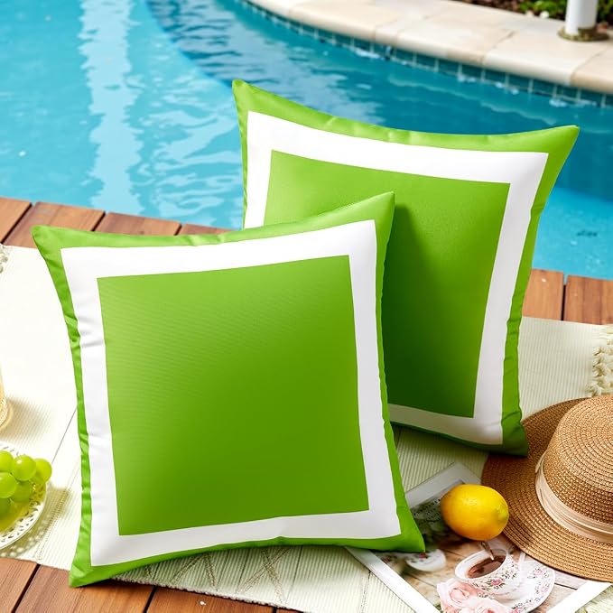 JOJOGOGO 18x18 Apple Green Outdoor Throw Pillow Covers Waterproof and Sunproof Set of 2, White and Green Outdoor Decorative Throw Pillows for Patio Furniture and Porch Decor(Without Inserts)