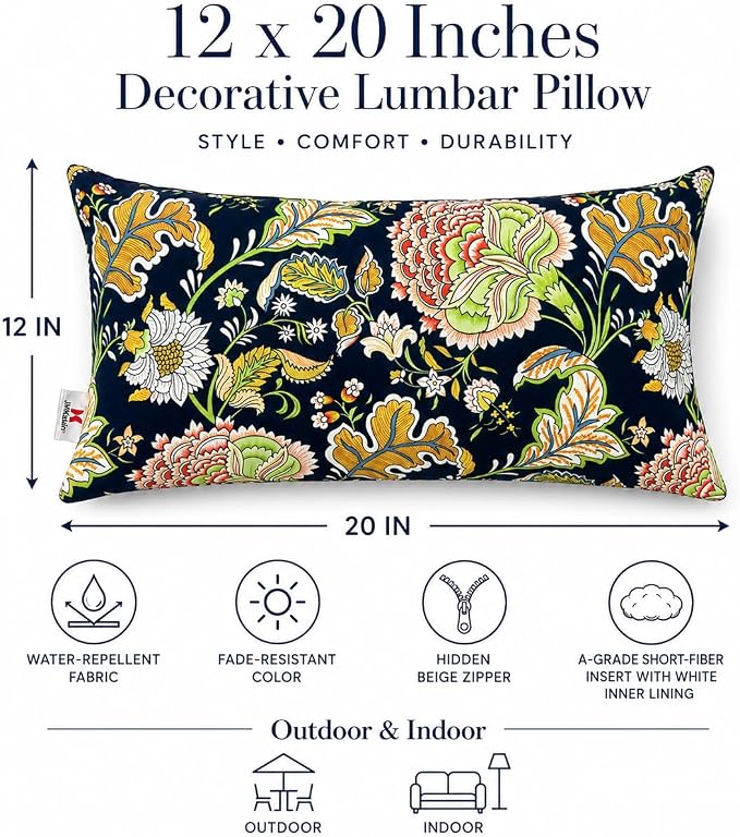 Outdoor Lumbar Pillows 12"x20" Waterproof Patio Pillows with Inserts | Set of 2 Fade Resistant Outdoor Waterproof Lumbar Pillow Decorative Garden Lumbar Cushions for Home Patio Terrace Sofa