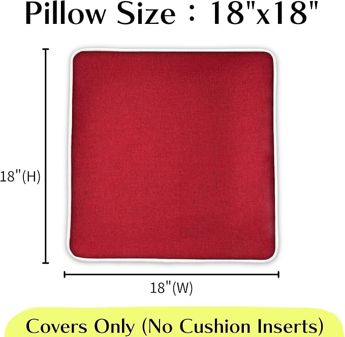 HER HWA Outdoor Throw Pillow Covers White Piping 18"x18" Set of 2, Red | durable fade-resistant water-resistant 100% polyester white piping smooth zipper machine washable for indoor outdoor décor