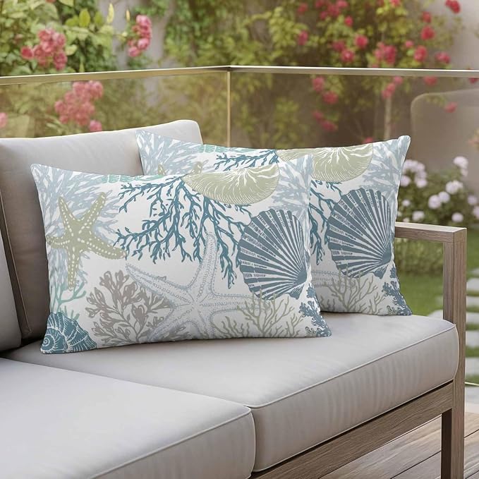 Blue Coral Coastal Waterproof Outdoor Pillow Covers 20''x12'' Set of 2, Starfish Conch Patio Furniture Summer Cushion Covers for Chairs, Decorative Beach Ocean Pillow Cases for Garden/Pool/Beach