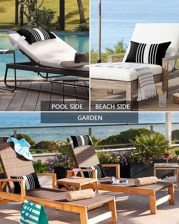 Pack of 2 Outdoor Lumbar Pillow Covers 12x20 Inch, Black White Stripe Waterproof Throw Pillow Covers Set, Modern Rustic Vertical Striped Indoor&Outdoor Decorative Cushion Cases for Patio Porch Beach