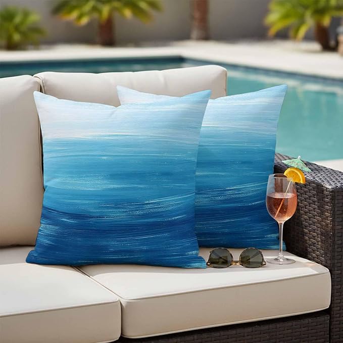 Outdoor Waterproof Throw Pillow Covers, Sky Blue Coastal Decorative Pillow Cases, Nautical Modern Ocean Wave Couch Pillow Protector Patio Sofa Cushion Covers Replacement 20"x20" 2 Pack