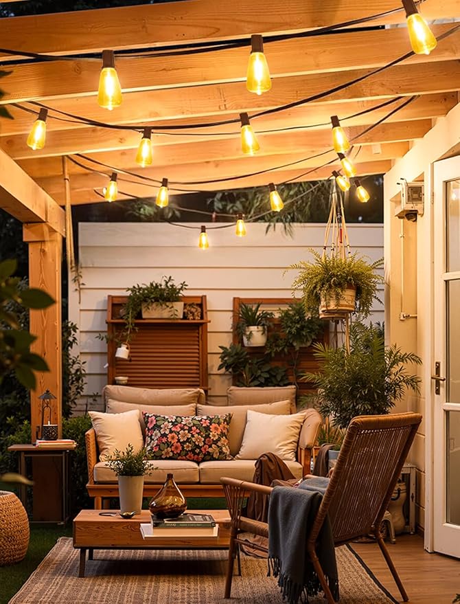 50FT(2x25FT) Outdoor String Lights, Patio Lights with 20+2 LED Dimmable Waterproof ST38 Vintage Shatterproof Bulb for Bistro Cafe Fence, Brown