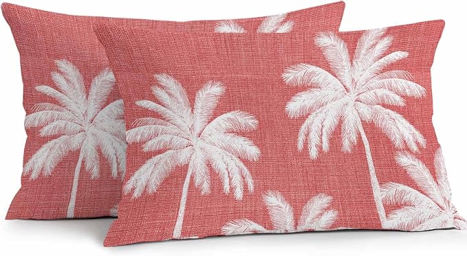 Lumbar Pillow Covers 20x12 Inch Set of 2, Coral Red Palm Trees Waterproof Outdoor Pillow Covers, Farmhouse Tropical Summer Beach Decorative Cushion Pillowcases for Couch, Sofa, Bed, Garden, Patio