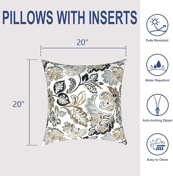 Outdoor 20x20 Inch Throw Pillows with Inners, Square Pillows Decorative Set of 2 for Home Garden Furniture, Dailey Tan
