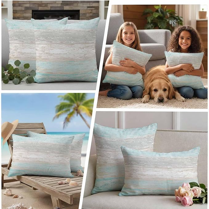 Outdoor Waterproof Throw Pillow Covers, Vintage Teal Grey Decorative Pillow Cases, Farmhouse Barn Wooden Striped Couch Pillow Protector Patio Sofa Cushion Covers Replacement 18"x18" 2 Pack