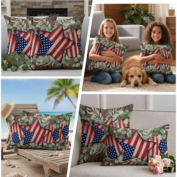 4th of July Waterproof Outdoor Pillow Covers Set of 2 Home Decor, Vintage Eucalyptus Leaf Stars Stripes Flag Pillowcase Patio Pillow Covers for Couch Bench Furniture Garden 20x12in