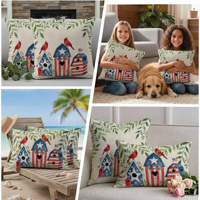 American Flag Bird House Outdoor Pillow Covers Waterproof, All Weather Cushion Case Set of 2, Green Eucalyptus Beige 250th Decorative Pillowcases for Sofa Couch Bed Decor Patio Furniture 16"x16"