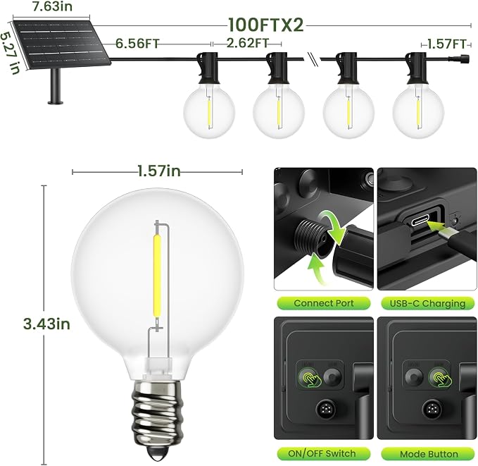 Svater Solar Outdoor String Lights 200FT, G40 Patio Lights Shatterproof Dimmable Vintage Edison Bulbs - Solar Powered Weatherproof Light for Patio, Backyard, Garden, Bistro(2X100 FT)
