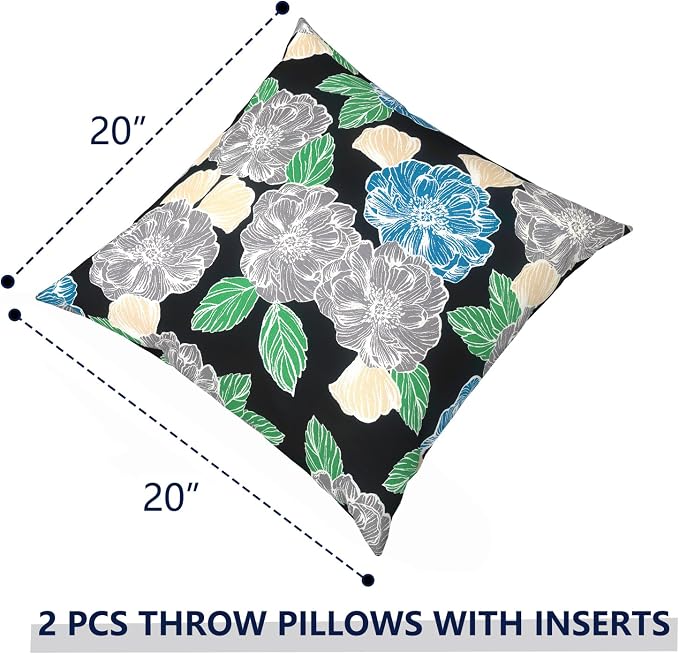 Outdoor Pillows with Insert 20x20 Inch, Waterproof Throw Pillow for Patio Furniture, Decorative Back Cushion for Garden Home Sofa Office Chair, Set of 2, Peony Garden